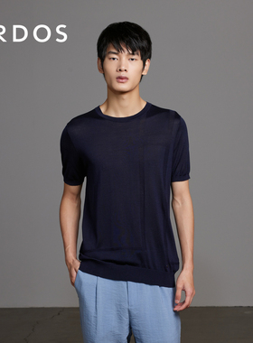 ERDOS 男装真丝T恤夏季款藏蓝色薄款短袖上衣舒适透气舒适