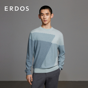 男装 纯羊绒衫 24春季 商务休闲 ERDOS 新款 几何拼色提花轻暖针织衫