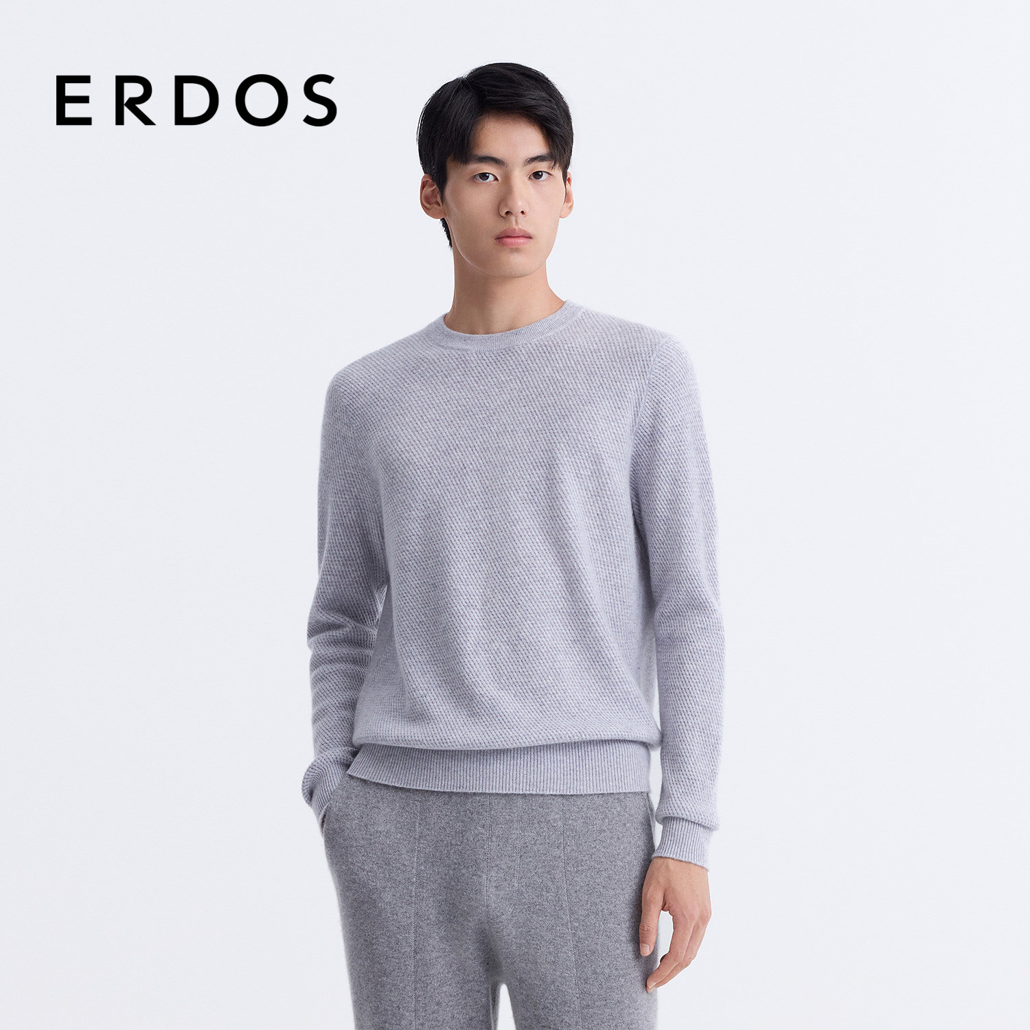 ERDOS 男装羊绒衫25年新品灰色圆领翻花轻暖针织衫商务休闲,男装,羊绒套衫,淘宝优惠券,粉丝福利购,淘宝优惠卷
