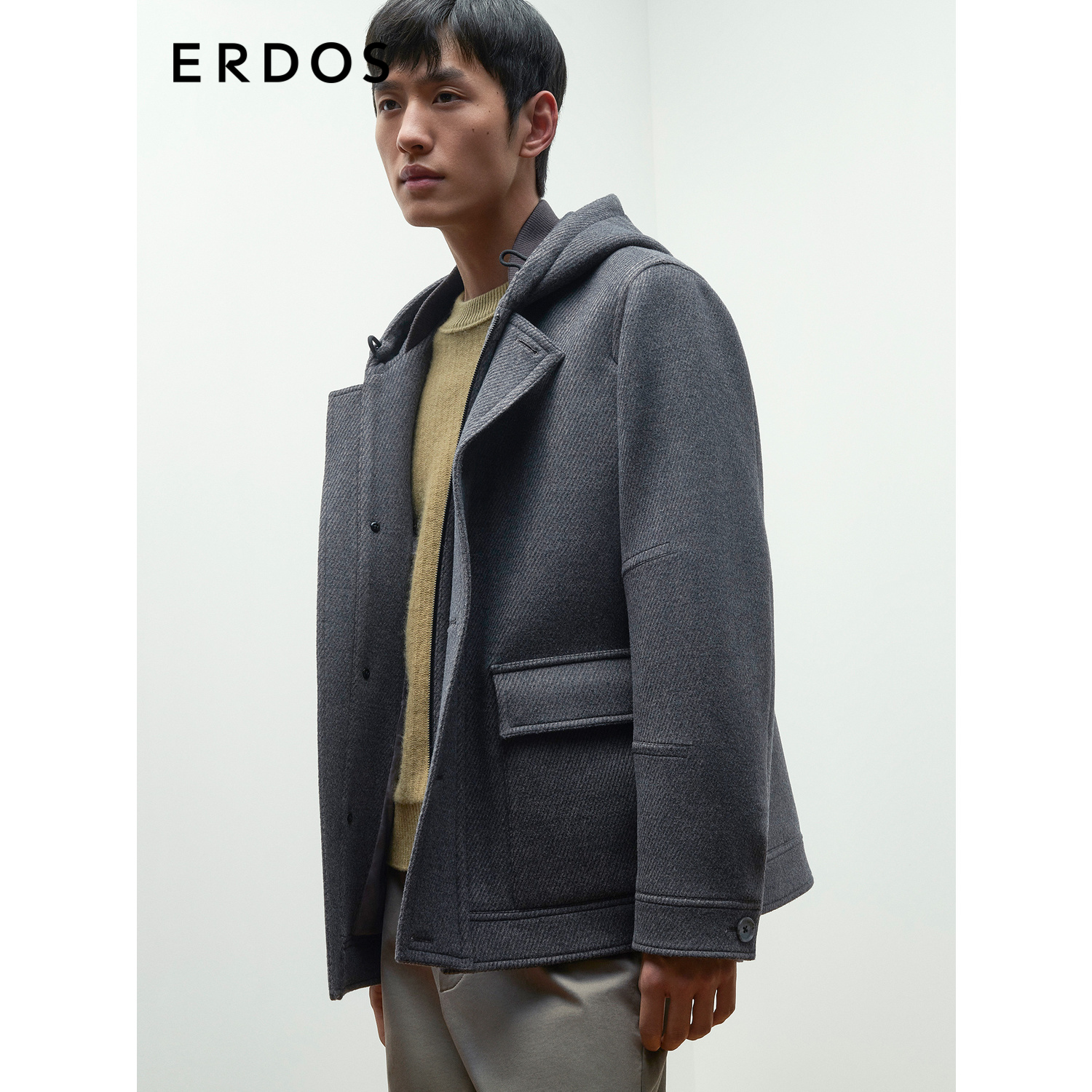 ERDOS 男装丝毛绒混纺夹克秋冬中长款加厚外套连帽格纹大衣