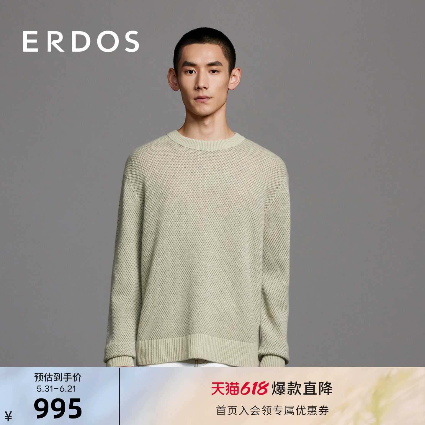 ERDOS 男装羊绒羊毛混纺针织衫春季款圆领翻花弹力套衫