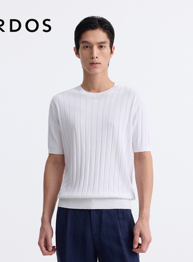 ERDOS 男装棉涤混纺T恤春夏白色竖纹轻薄短袖针织上衣