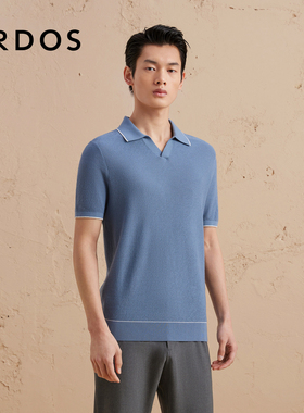 ERDOS 男装纯羊毛POLO衫早秋蓝色轻薄弹力短袖上衣商务休闲