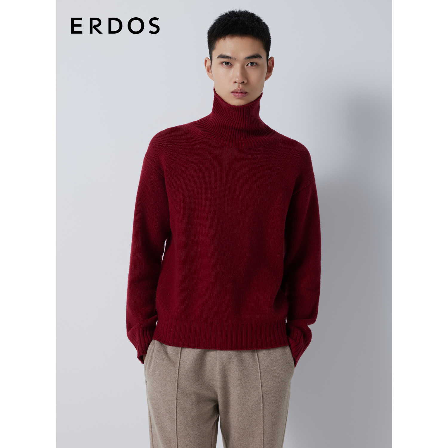 ERDOS 男装羊毛绒混纺针织衫秋冬纯色高领宽松微弹百搭套衫
