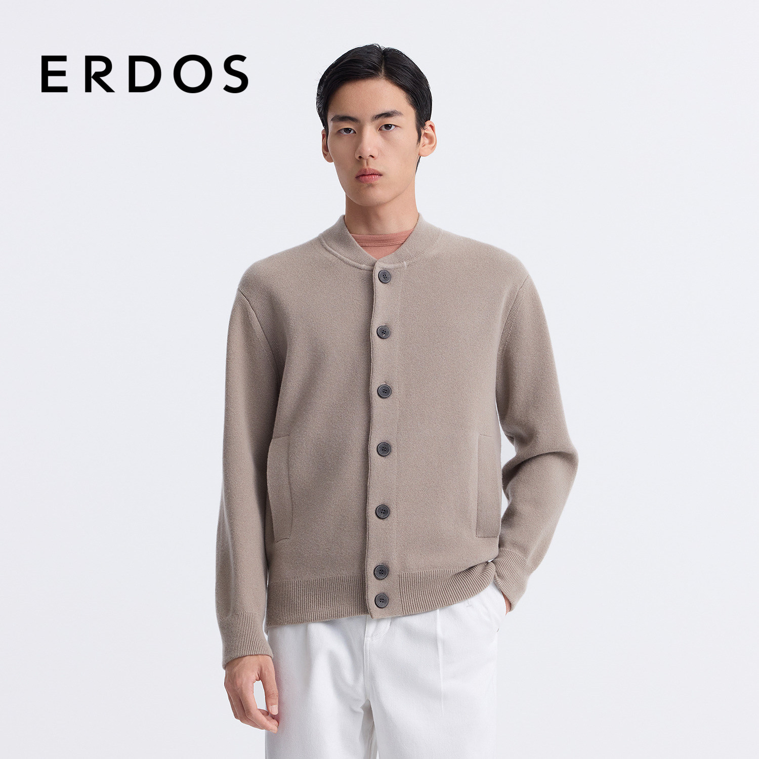 ERDOS 男装羊绒开衫25年新品棕色棒球领四平空转针织衫商务休闲