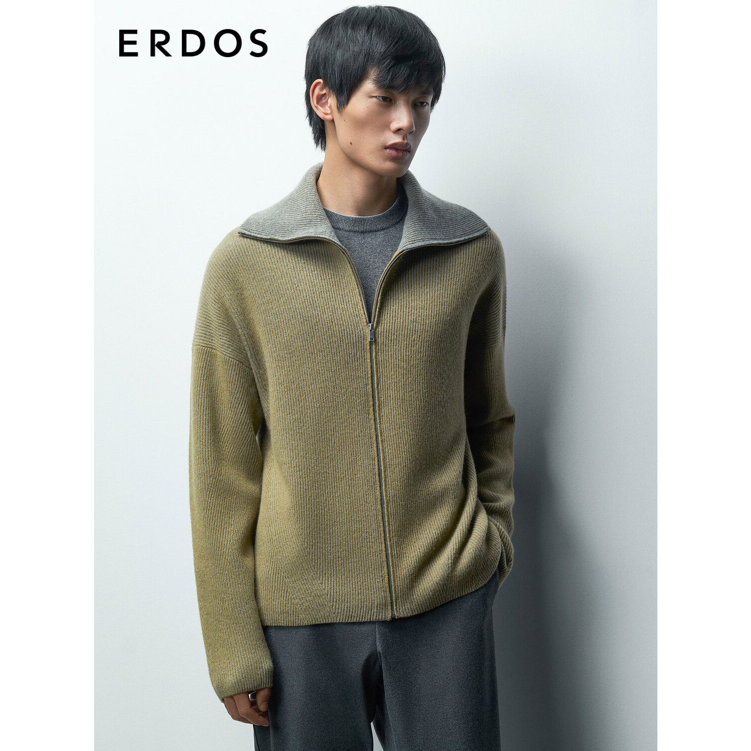 ERDOS 男装羊绒开衫秋冬法式海军领双畦针织衫宽松有弹力