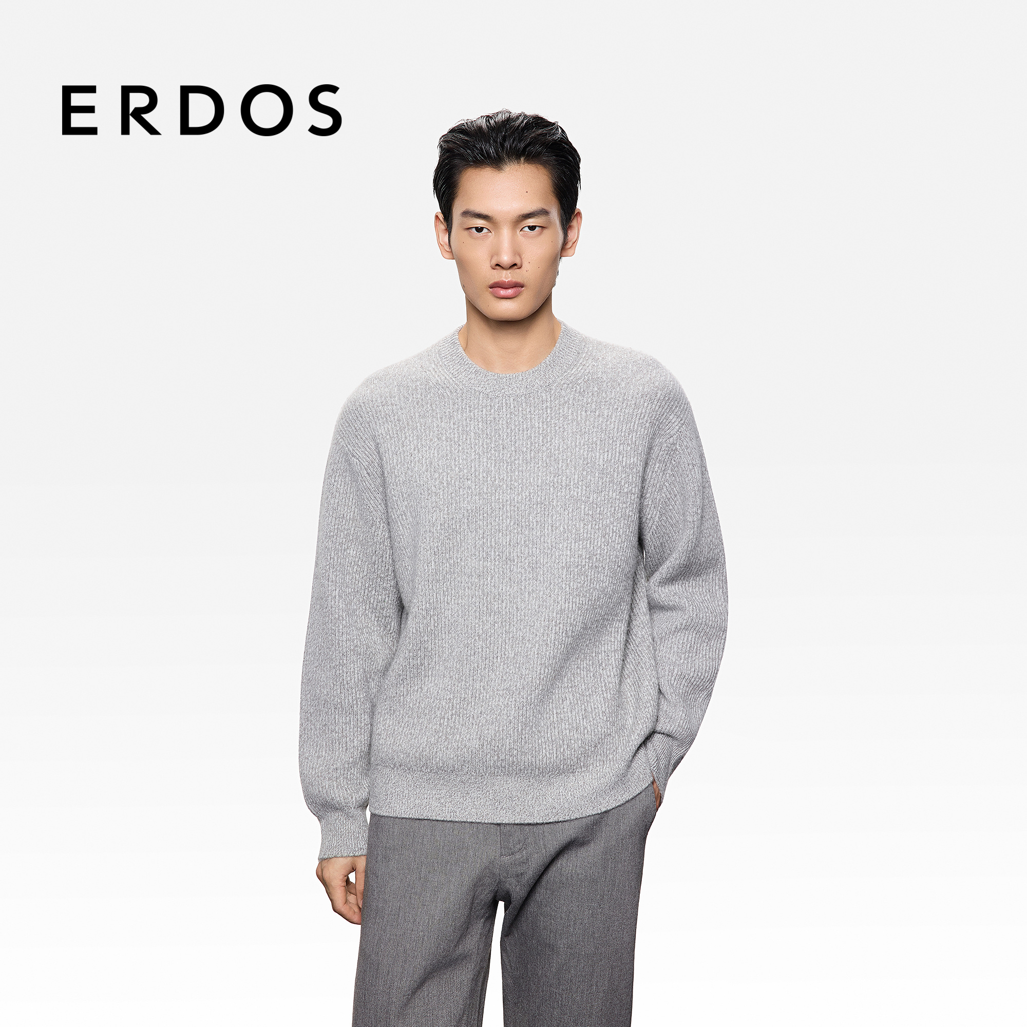 ERDOS 男装圆领双畦羊绒衫25年秋冬新品厚款纯色百搭保暖针织衫