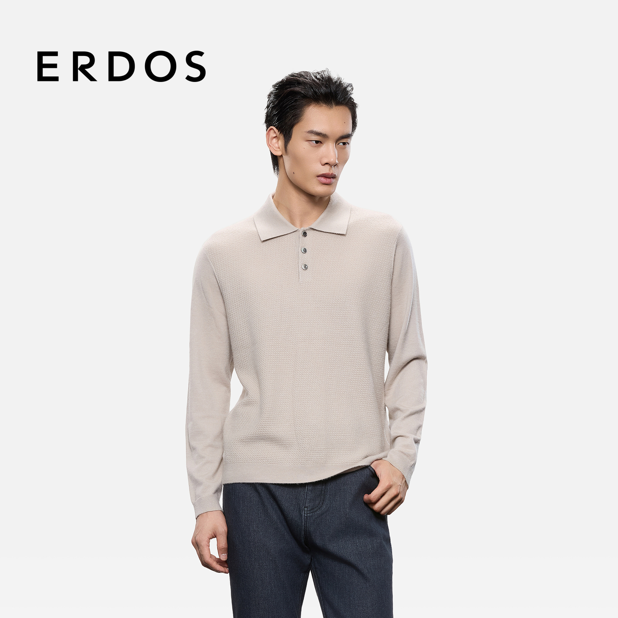 ERDOS【精纺】男装小翻领羊绒衫25年秋冬新品翻花商务休闲POLO