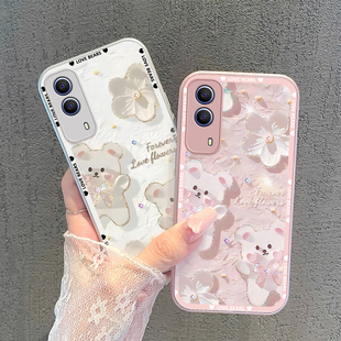 适用vivoy53s手机壳蝴蝶结小熊vivoy53s金属漆玻璃防摔高级感卡通女网红全包新款潮