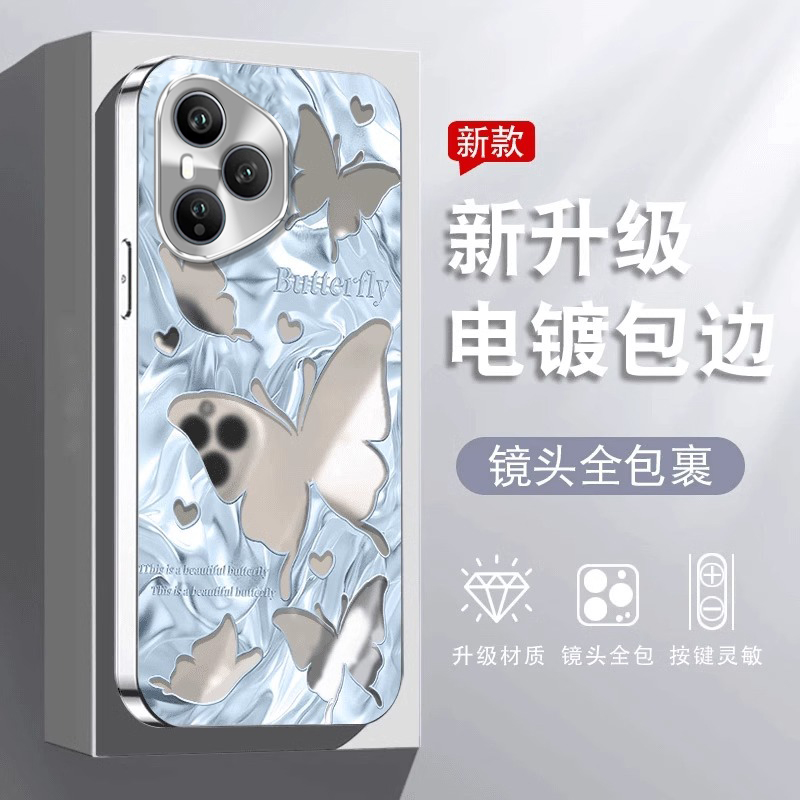 适用华为荣耀400Pro手机壳新款honor高级感蓝色蝴蝶电镀镜面全包防摔创意个性ins风手链液态硅胶玻璃保护套