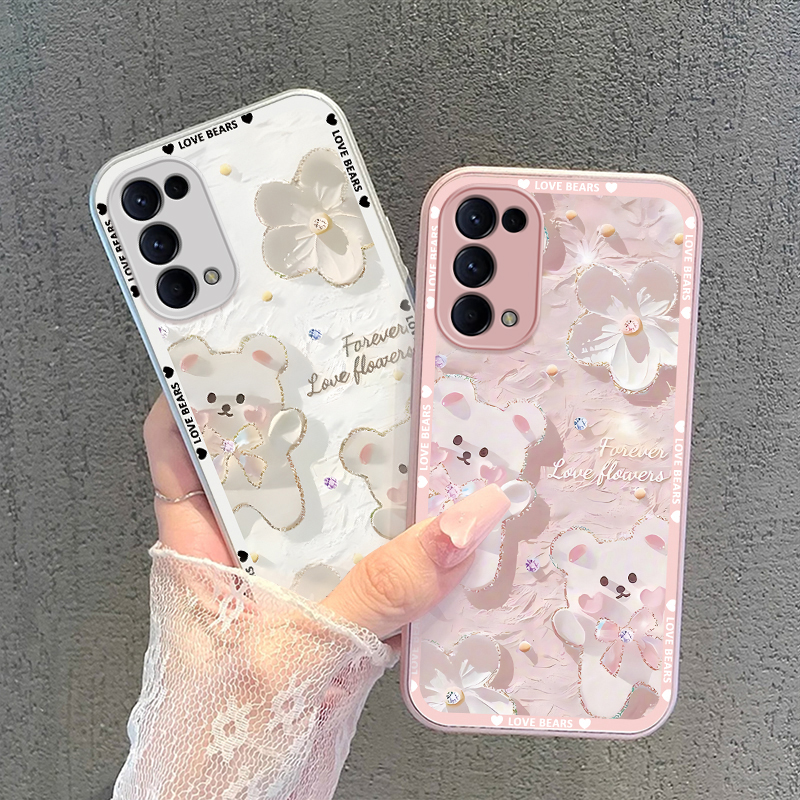 适用OPPOReno6手机壳蝴蝶结小熊Reno6Pro金属漆玻璃防摔高级感卡通女网红全包新款潮流+