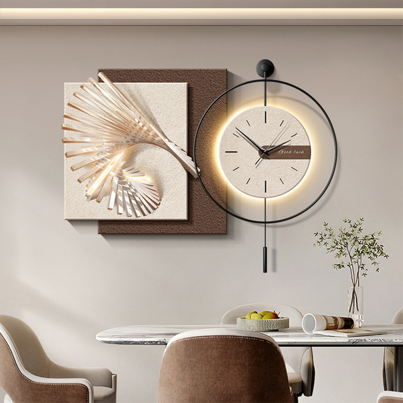 侘寂风餐厅装饰画挂钟意式极简抽象饭厅餐桌挂画钟表画高级感壁画