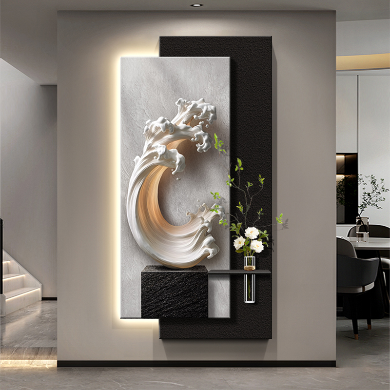 现代高级感正对门入户玄关装饰画画风生水起寓意好挂画画走廊尽头