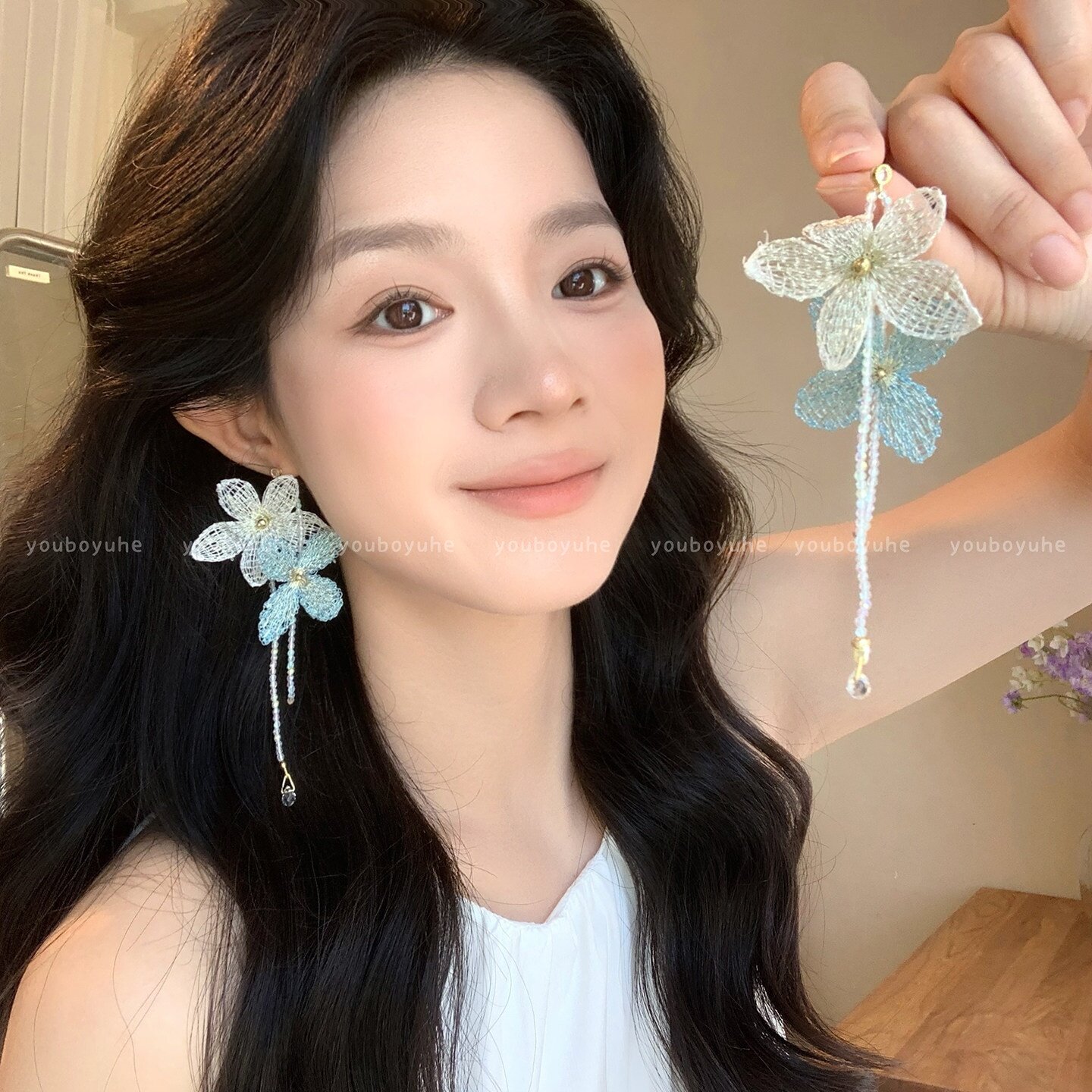 超仙花朵流苏耳环女高级感夸张耳钉独特漂亮刺绣耳饰海边度假出片