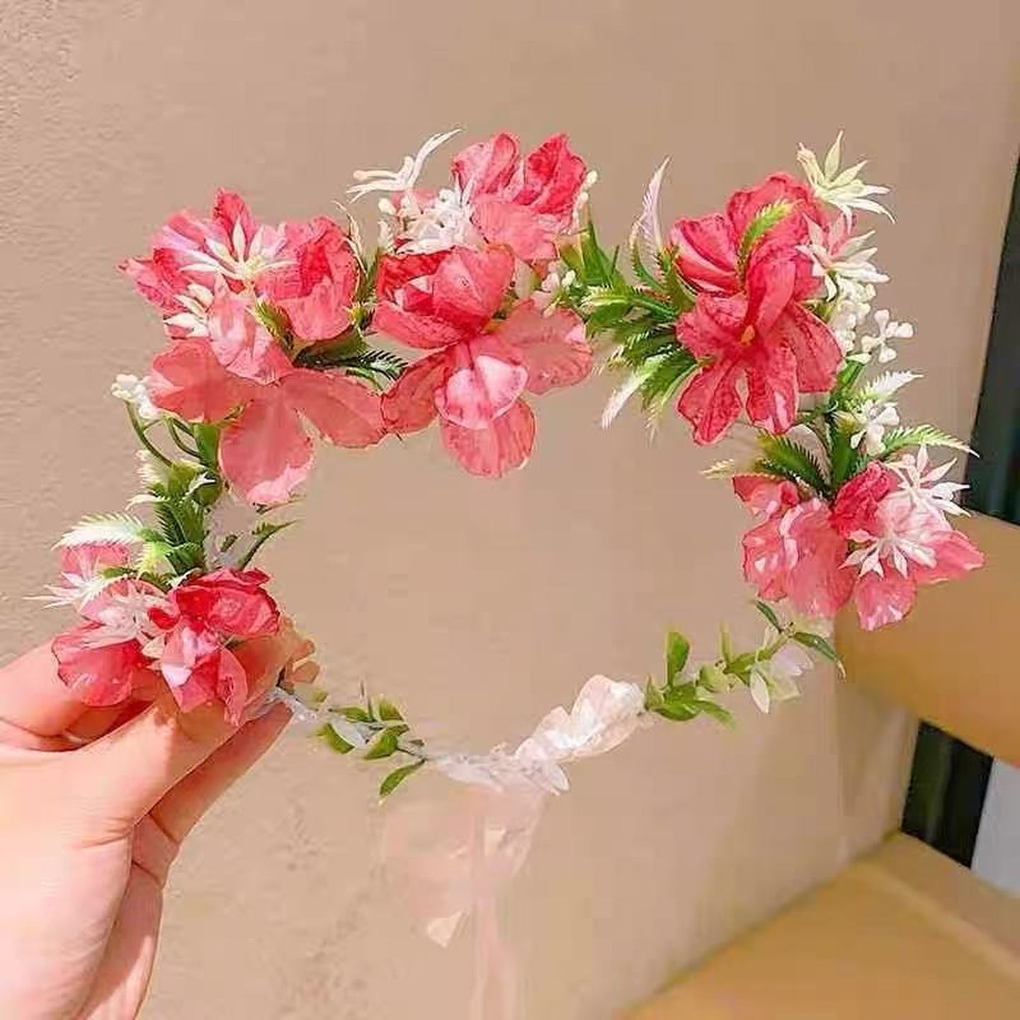 超仙森系头饰成人花环儿童成人头戴花环氛围感飘带头戴拍照装饰花