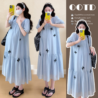 孕妇夏装连衣裙中长款甜美减龄孕妇装夏天刺绣雪纺圆领显瘦裙子女