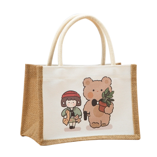 亚麻手提袋女时尚外出学生拎书防水上班族卡通麻布袋子定制帆布包