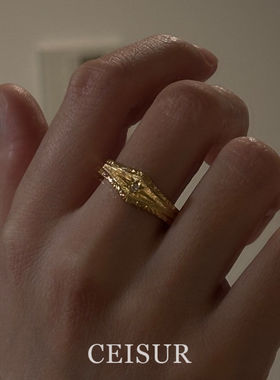 925纯银中古vintage金色八芒星拉丝戒指复古轻奢气质高级食指戒女