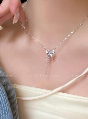 925纯银蝴蝶结锆石项链女款夏轻奢小众高级感锁骨链2023新款爆款