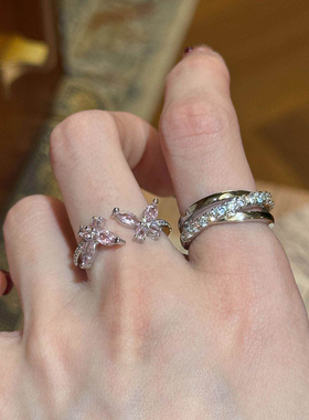 「pink粉蝶」清冷感三环一体银色戒高级感叠戴粉蝴蝶食指戒女指环