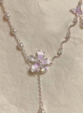 S925纯银紫色花朵珍珠项链2026新爆款精致轻奢小众高级感锁骨颈链