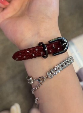 韩系复古朋克风钻皮革表带手链女