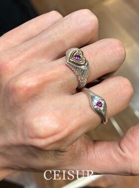 做旧爱心八芒星戒指女小众设计感