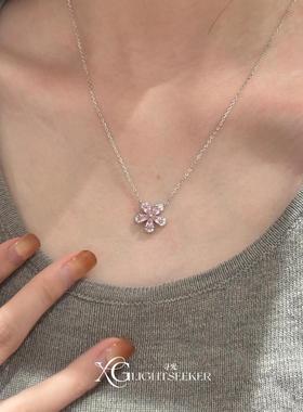 超闪粉色五叶花项链甜美轻奢小众银色锁骨链礼物