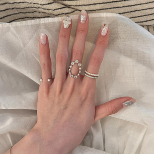 椭圆仿珍珠戒指女韩系叠戴小众设计食指精致百搭戒指环弹力尾戒