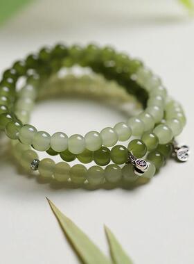 925纯银渐变素珠和田玉手链ins小众设计青白玉手串复古吊坠送礼物