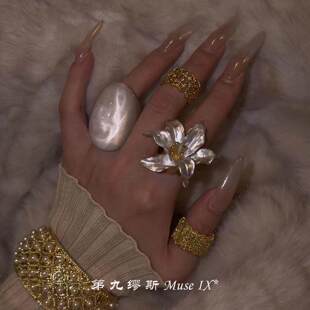 中古绝美郁金香花朵戒指女开口小众高级感复古夸张独特漂亮指环