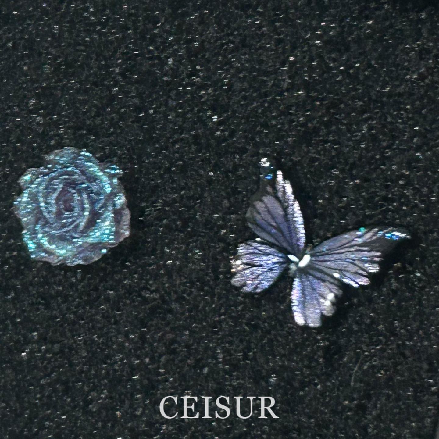 S925纯银超仙蓝色星辰蝴蝶耳钉女