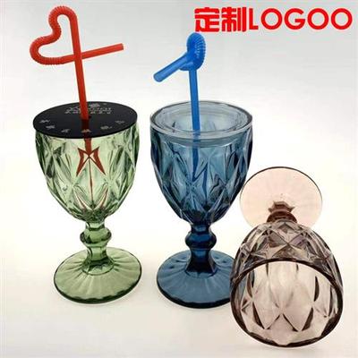 定制LOGO店名玻璃杯彩色高可插吸管水杯带盖美发杯子黑盖透明盖子