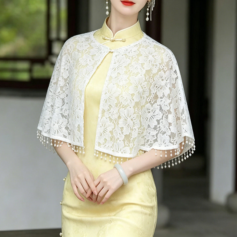 新中式流苏旗袍披肩夏季国风外搭礼服裙子圆领蕾丝斗篷开衫小披风