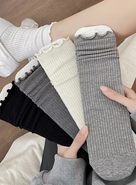 灰色堆堆袜子女款棉中筒秋冬款女士长袜日系配小皮鞋木耳边棉袜