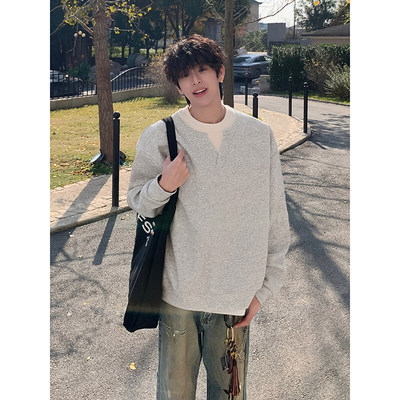 秋冬加绒美式复古假两件V领上衣