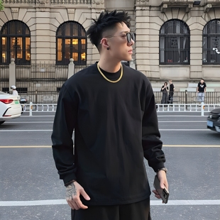 欧美街头潮牌男长袖T恤痞帅黑色全棉卫衣打底内搭春秋小领口上衣