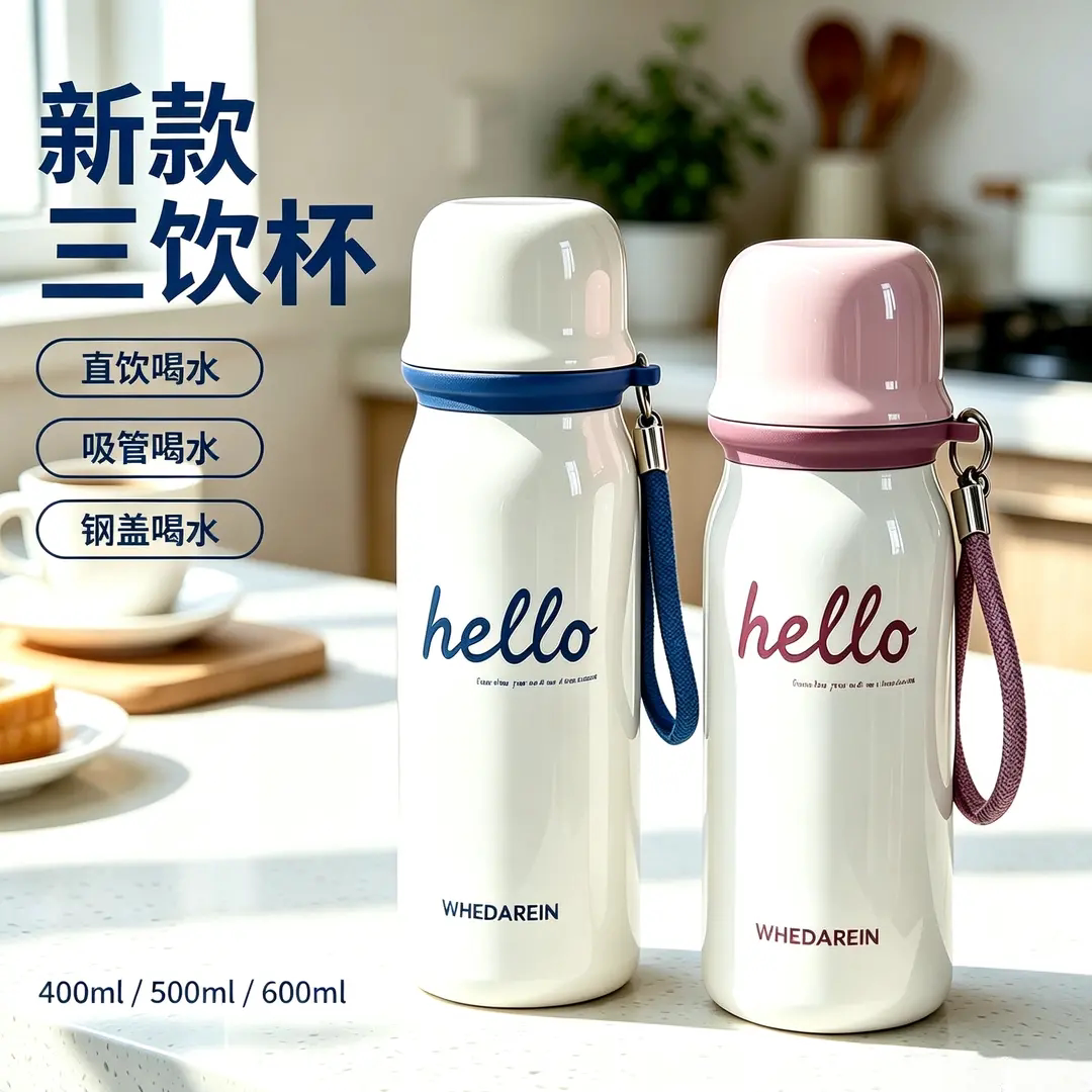 26新款三饮水杯保温杯学生上学专用吸管杯女高颜值杯子钢盖喝水