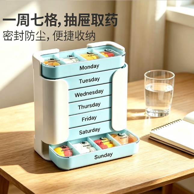 便捷式食品级药盒方形一周7天便捷式28格抽屉药盒 家用旅行收纳盒
