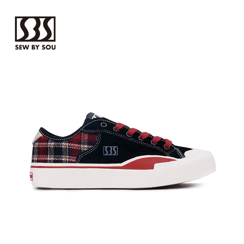 SEWBYSOU复古红黑格拼色帆布鞋