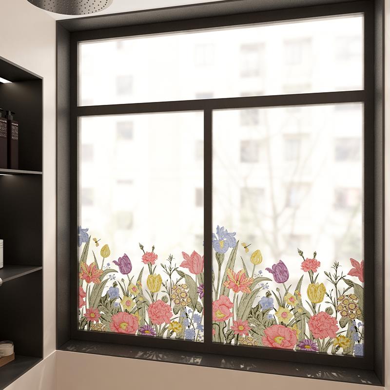 法式覆古手绘植物花卉装饰浴室厕所窗户防窥玻璃贴膜透光不透人