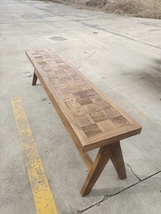 民宿老榆木长凳棋盘格拼花长条凳实木床尾凳现代简约家用餐凳定制