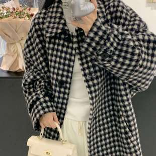 25秋冬中长款小个子千鸟格外套韩版气质高级感黑白格子羊毛大衣女
