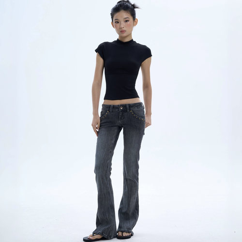 Veryrareme 黑灰色复古低腰铆钉马蹄裤