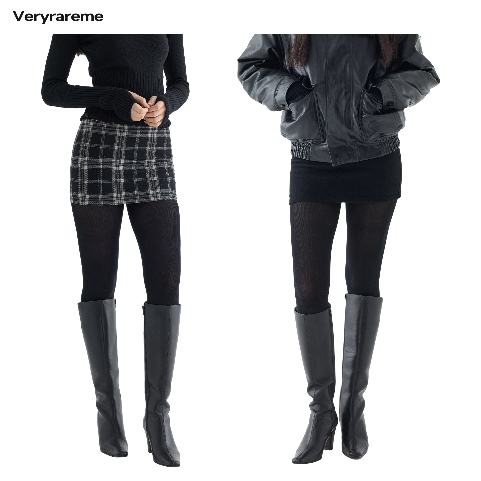 Veryrareme短款低腰黑白格纹/黑色A字半身裙