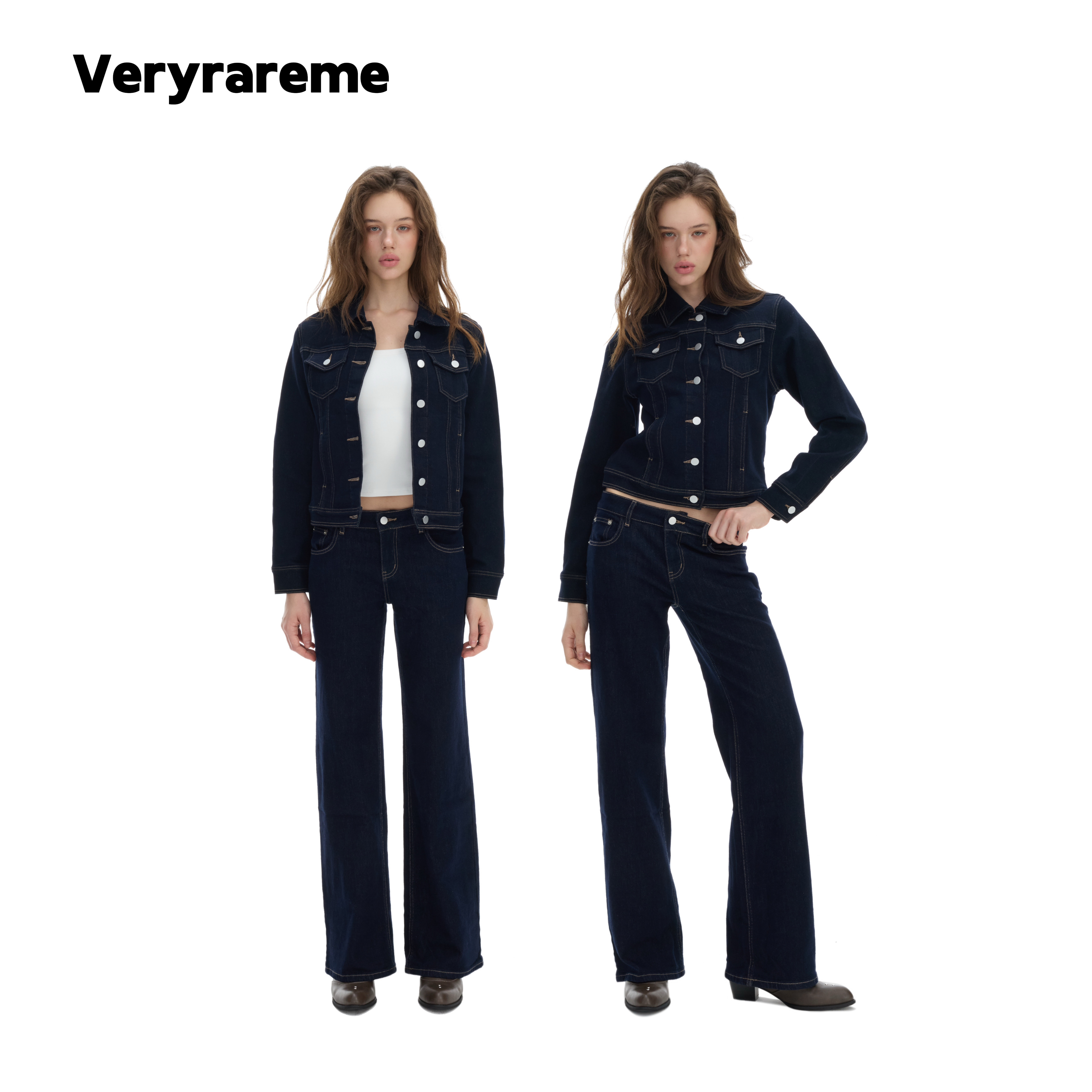 Veryrareme 水洗原色牛仔外套夹克低腰直筒原色牛仔裤套装