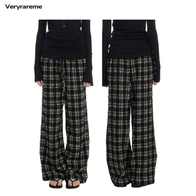 Veryrareme 羊毛厚款秋冬低腰皱格黑白格纹家居阔腿休闲裤