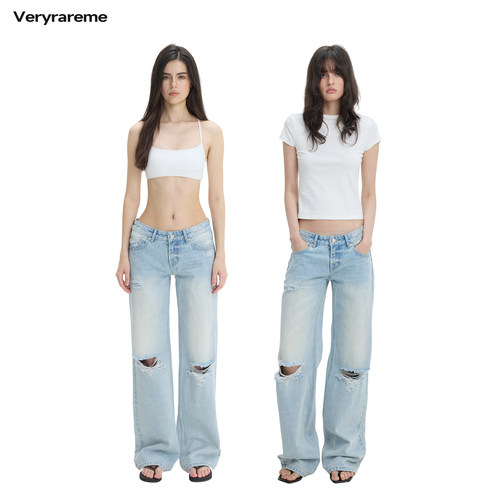 Veryrareme 低腰｜海盐气泡蓝｜直筒破洞牛仔裤｜美式休闲