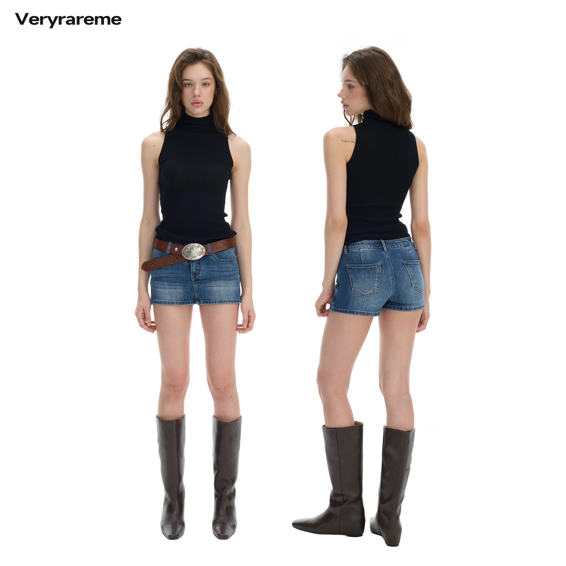 Veryrareme 深蓝色牛仔短裙防走光裙裤