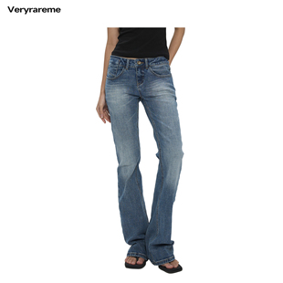 Veryrareme低腰微喇深蓝竹节纹牛仔裤